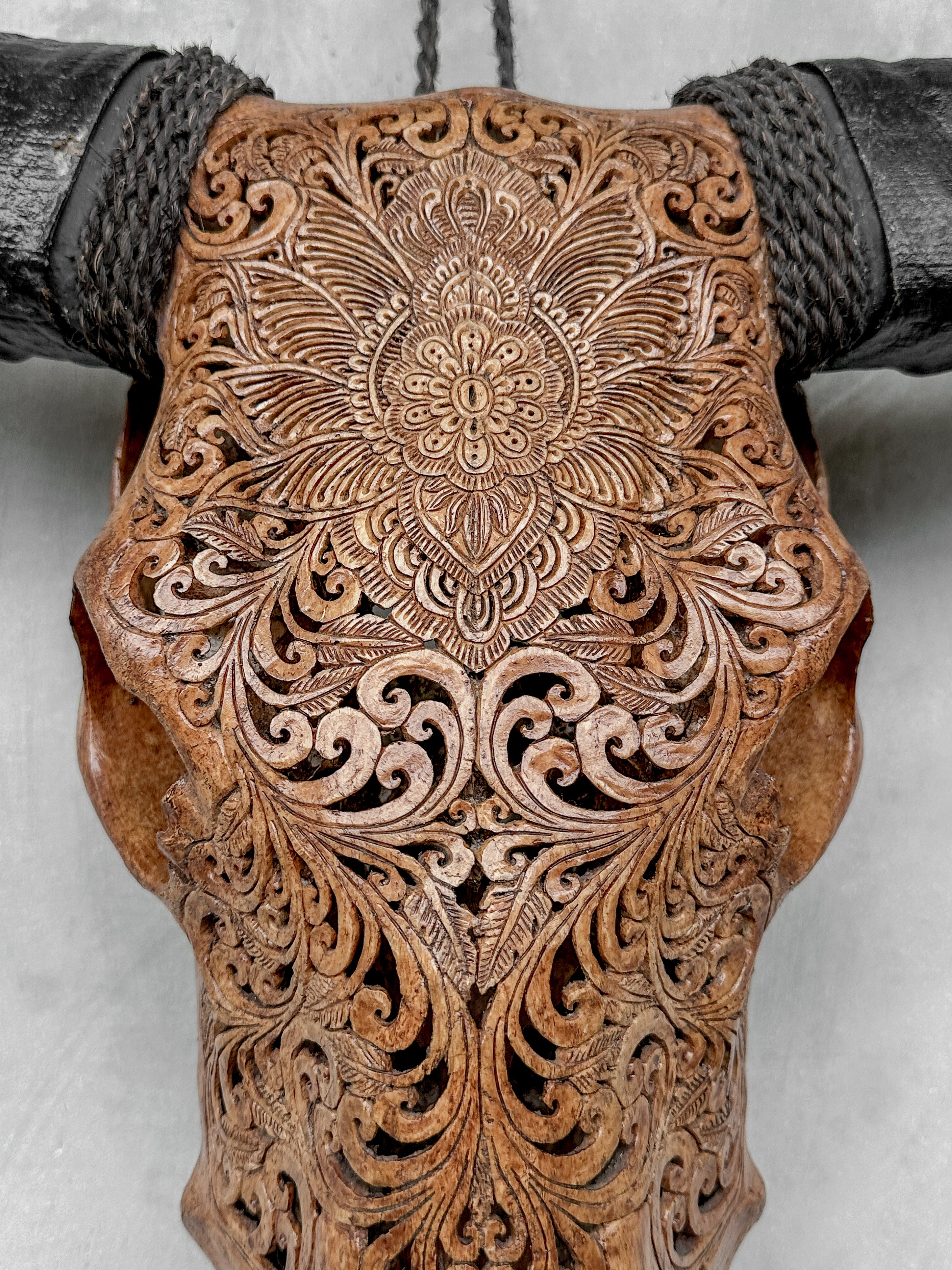Brown Carved Buffalo Skull with Floral Motif — Handcrafted Wall Art - Skull,A/102