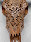 Brown Carved Buffalo Skull with Floral Motif — Handcrafted Wall Art - Skull,A/102