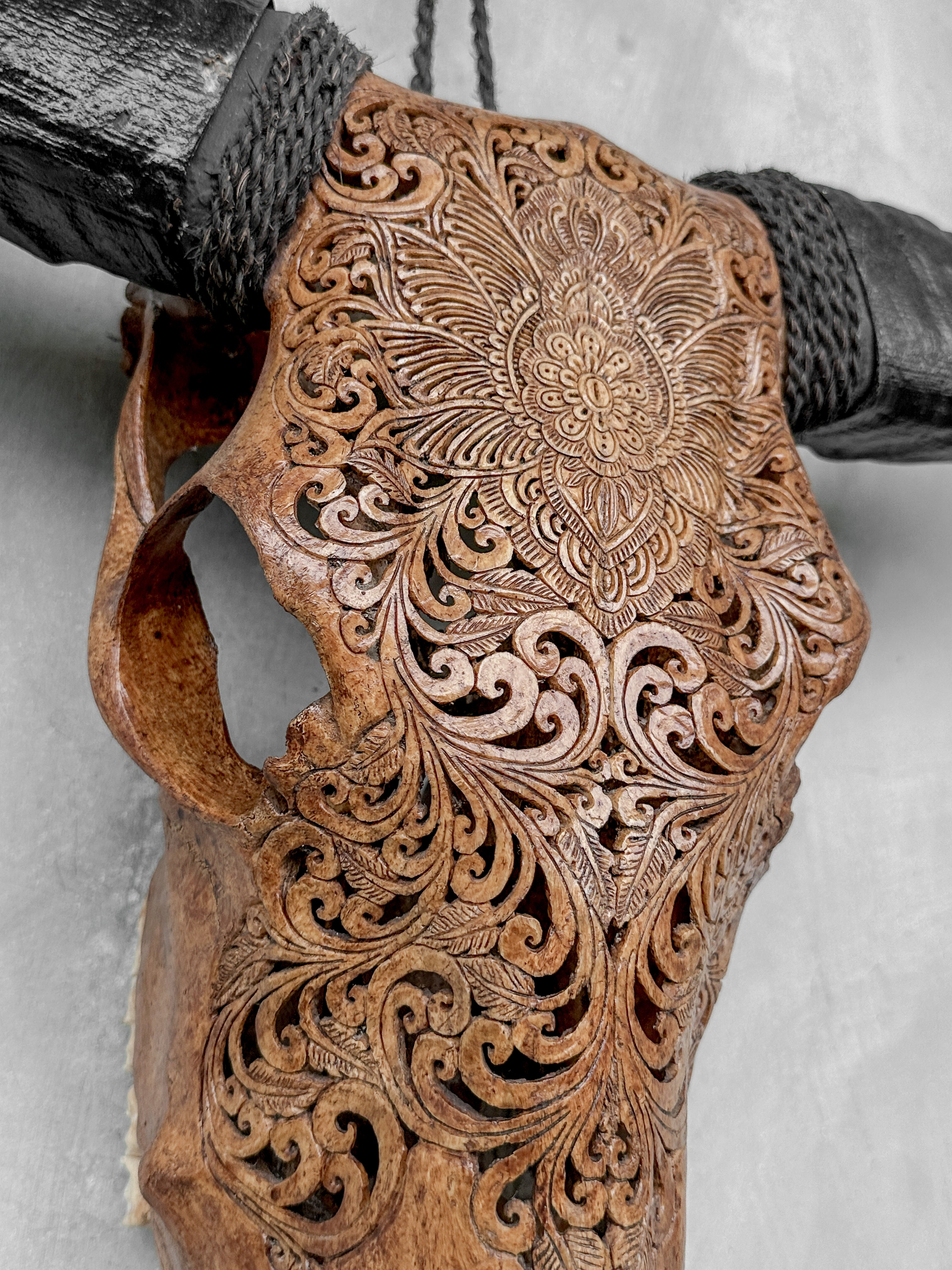 Brown Carved Buffalo Skull with Floral Motif — Handcrafted Wall Art - Skull,A/102
