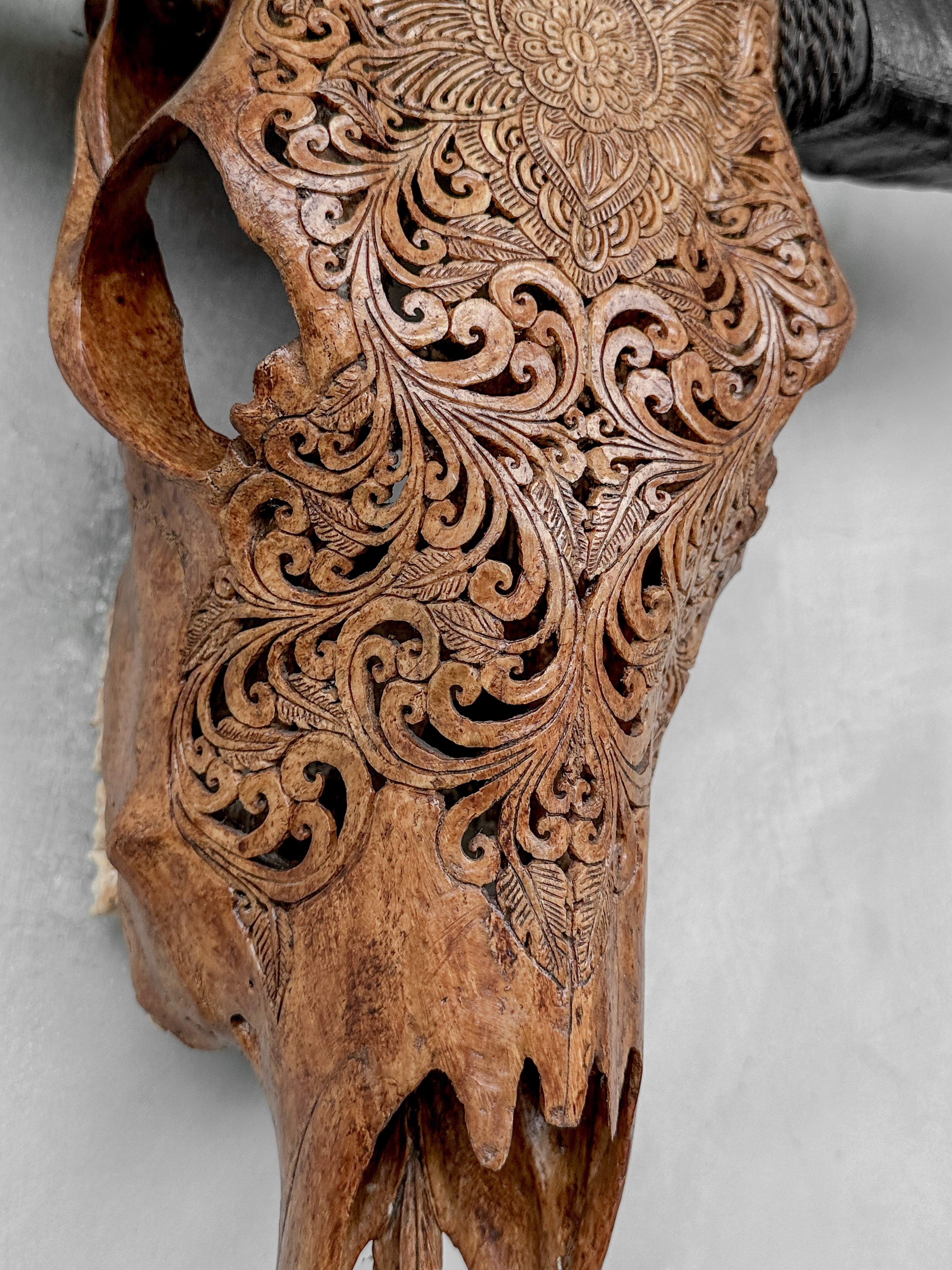 Brown Carved Buffalo Skull with Floral Motif — Handcrafted Wall Art - Skull,A/102