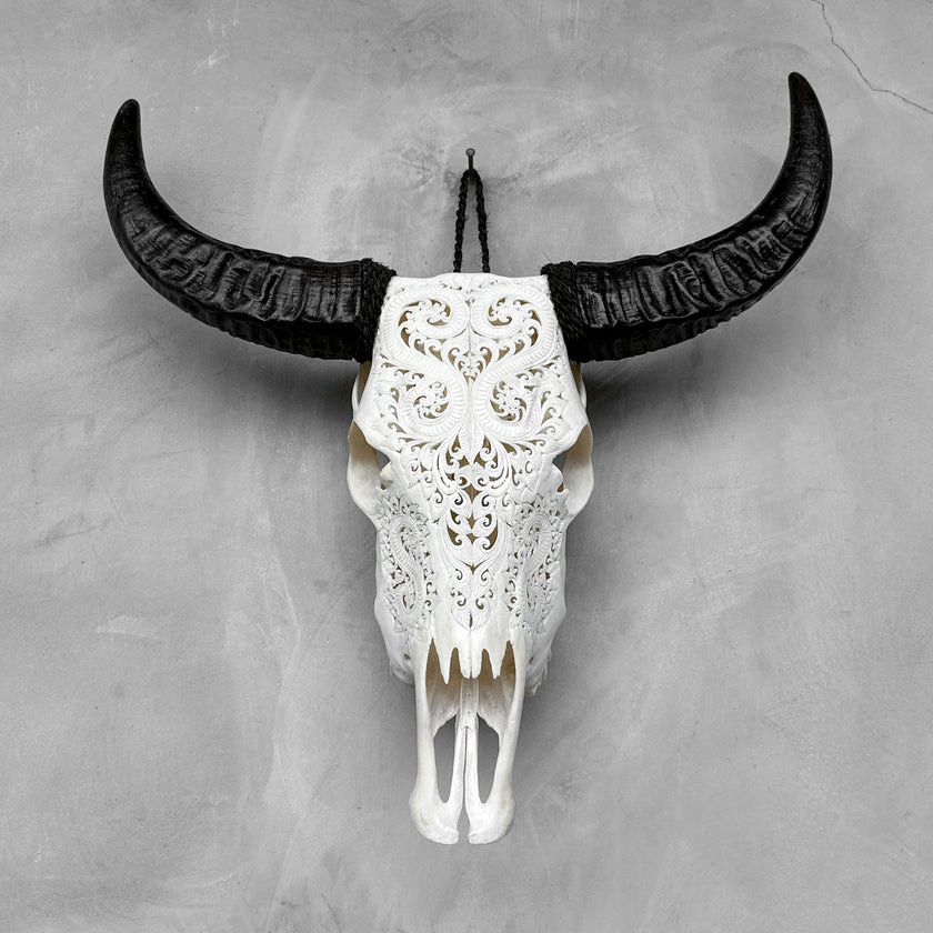 Carved Buffalo Skull with Leaf Motif - White Wall Art Decor for Boho, Rustic & Eclectic Interiors