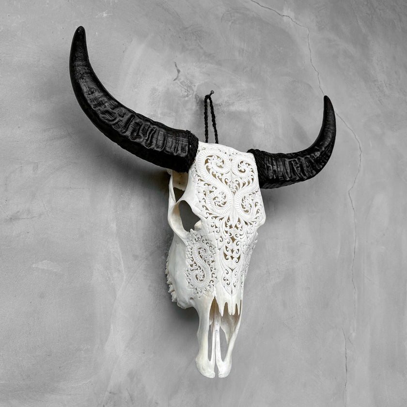 Carved Buffalo Skull with Leaf Motif - White Wall Art Decor for Boho, Rustic & Eclectic Interiors