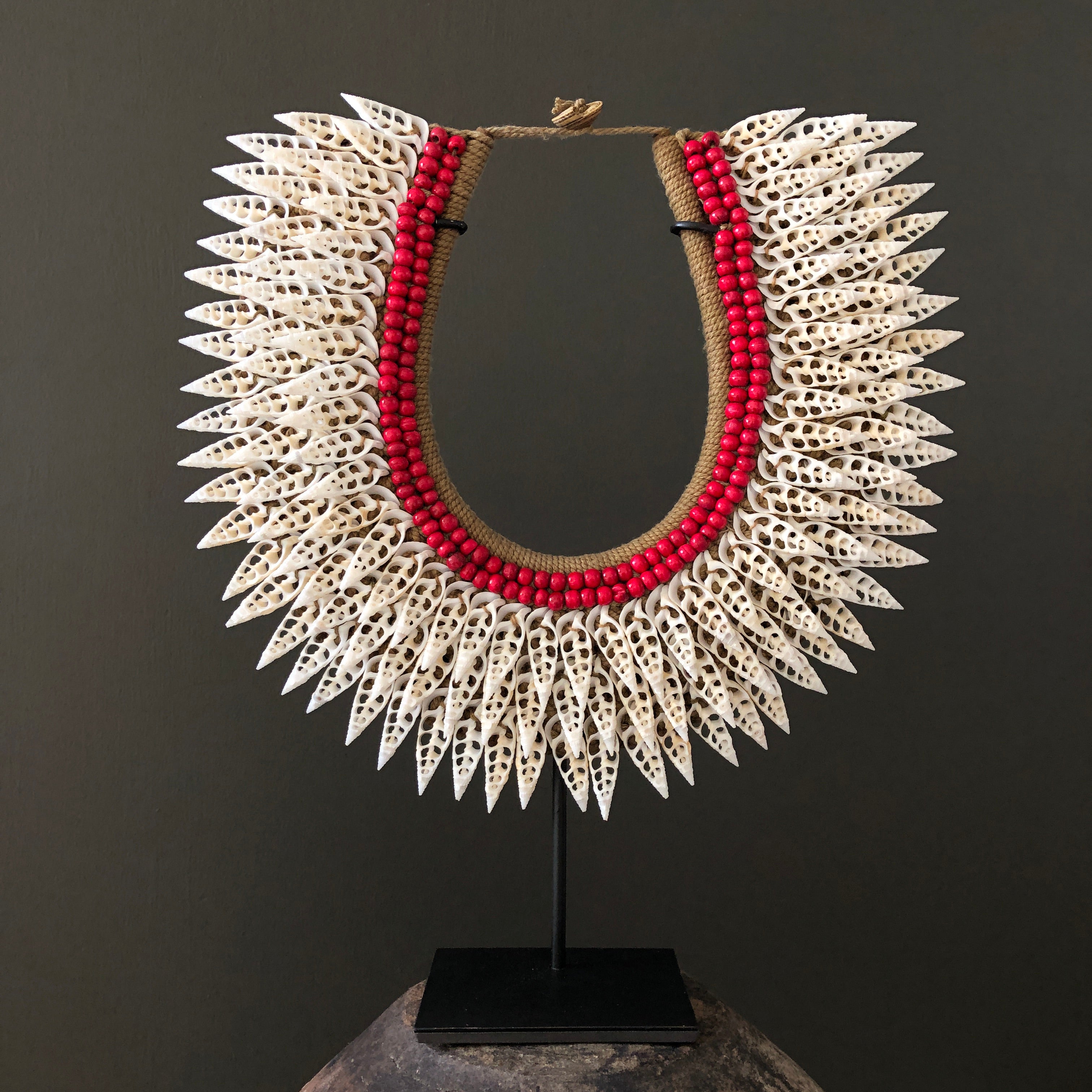 SN7 - Decorative Shell necklace on custom stand - Large white cut shells & - Shells & Red Beads - 23/SN/14