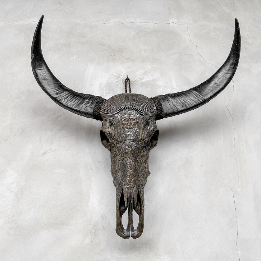 Caved Waterbuffalo Skulls with INdian Carving Skull,A/098