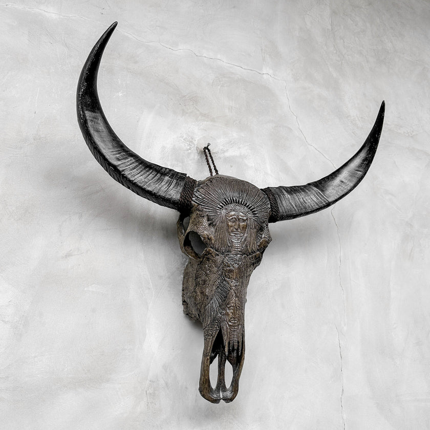 Caved Waterbuffalo Skulls with INdian Carving Skull,A/098