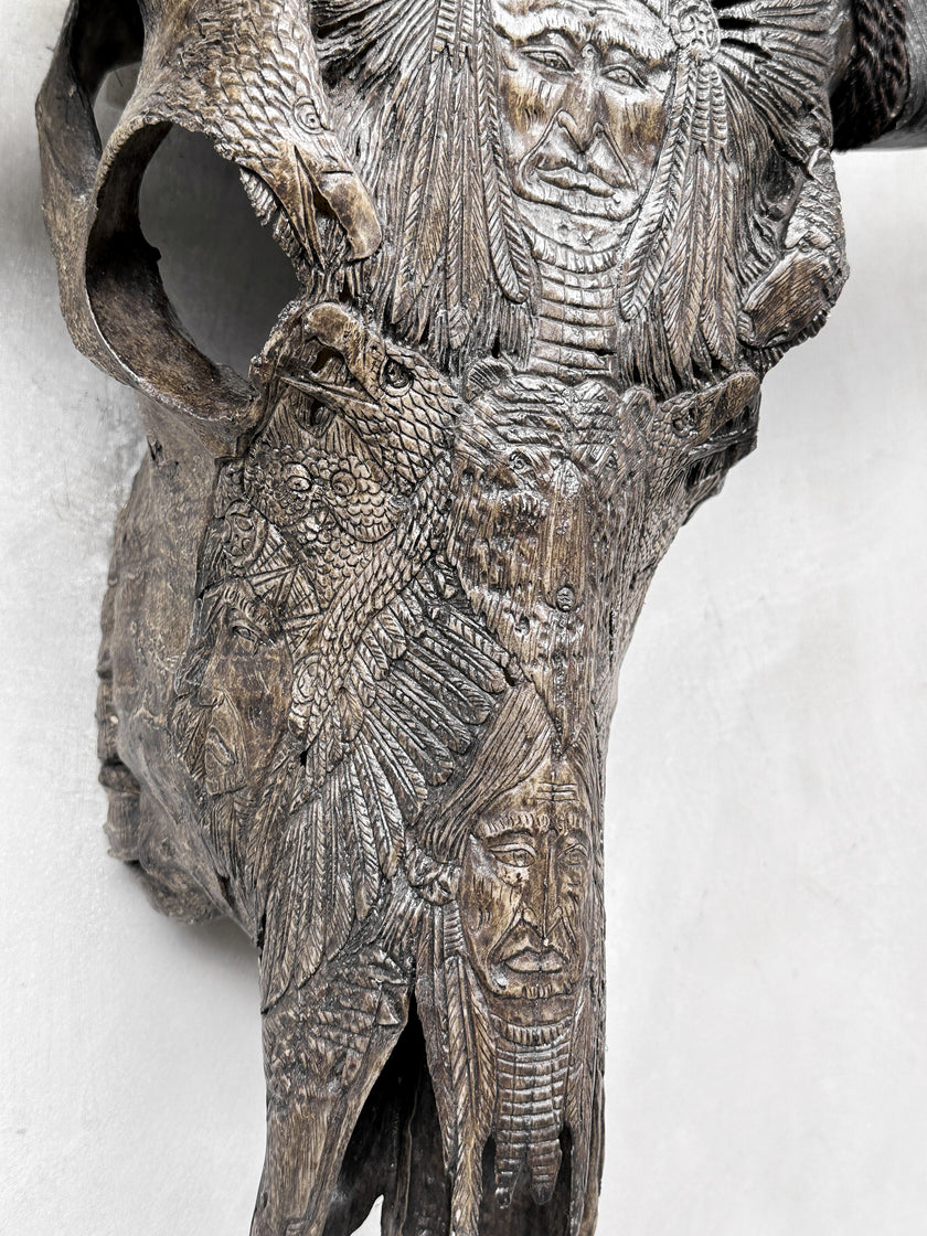 Caved Waterbuffalo Skulls with INdian Carving Skull,A/098