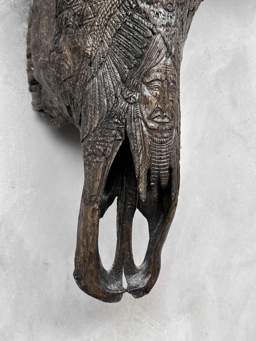 Caved Waterbuffalo Skulls with INdian Carving Skull,A/098