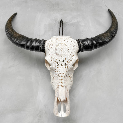 Caved Waterbuffalo Skulls with Flower Mandala Carving Skull,A/097