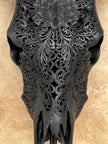 Hand-Carved Cow Skull with Lotus Flower – Black Skull Wall Art – Boho Spiritual Home Decor - Skull,A/072