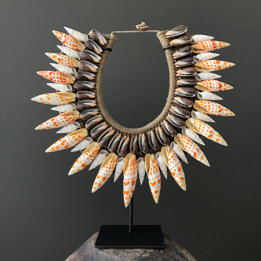SN11 - Decorative Shell Necklace on a custom Stand - Large Burnt Orange Miter and Natural Fibres - 23/SN/022