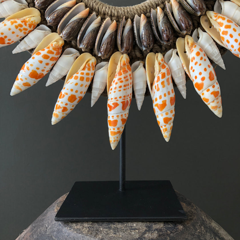 SN11 - Decorative Shell Necklace on a custom Stand - Large Burnt Orange Miter and Natural Fibres - 23/SN/022