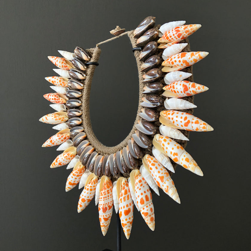 SN11 - Decorative Shell Necklace on a custom Stand - Large Burnt Orange Miter and Natural Fibres - 23/SN/022