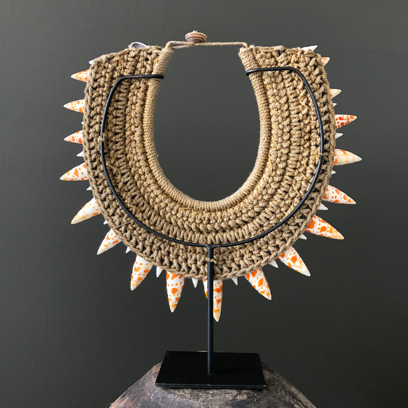 SN11 - Decorative Shell Necklace on a custom Stand - Large Burnt Orange Miter and Natural Fibres - 23/SN/022