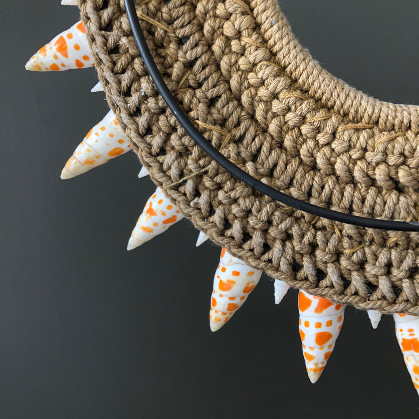 SN11 - Decorative Shell Necklace on a custom Stand - Large Burnt Orange Miter and Natural Fibres - 23/SN/022
