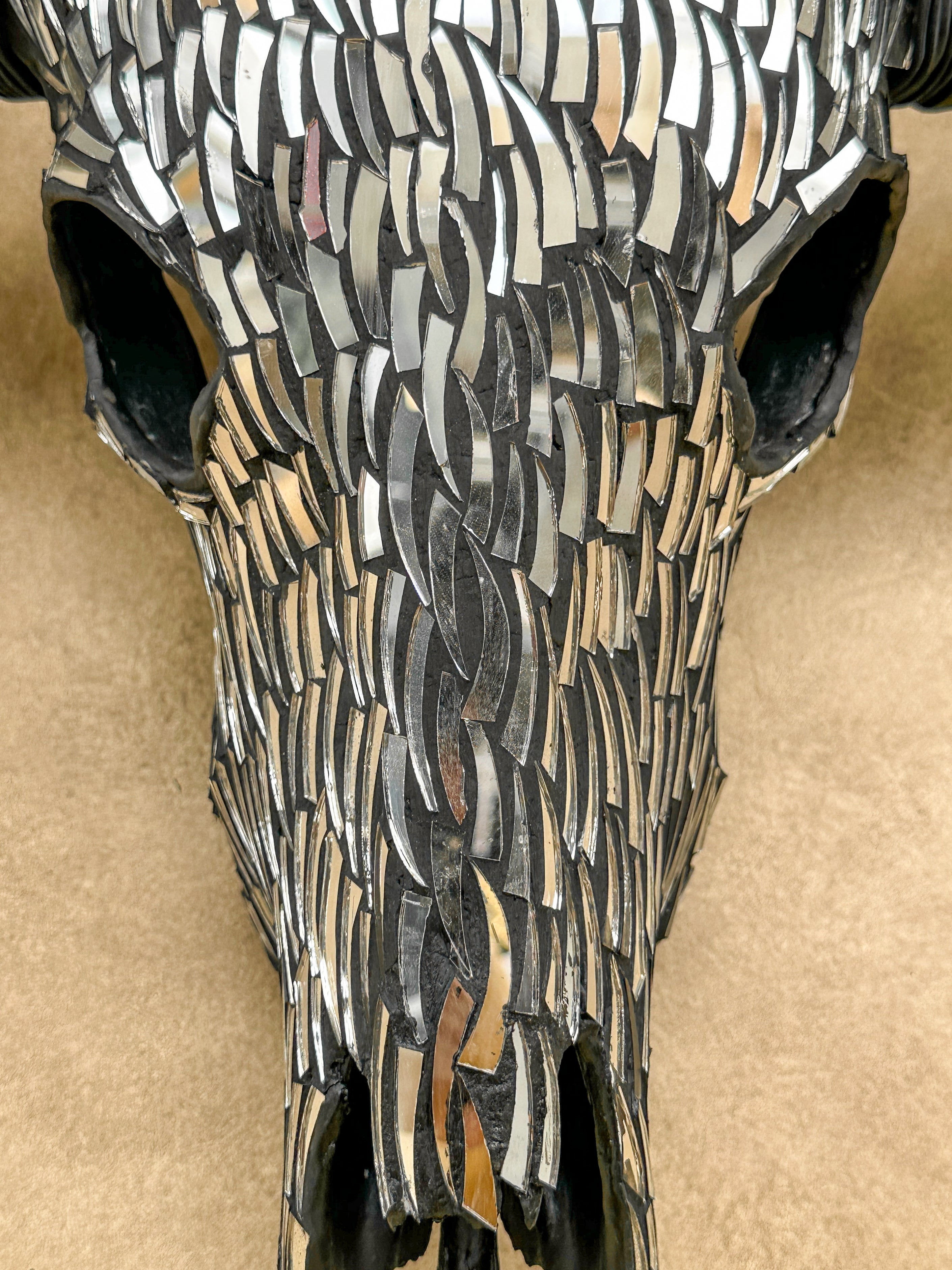 Silver Mirror Buffalo Skull Wall Art – Horned Decorative Head for Boho, Glam, Western, Industrial, or Contemporary Interiors - Skull,A/132