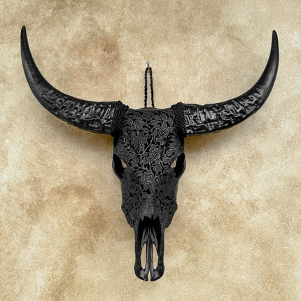 Black Carved Buffalo Skull with Rose Motif — Handcrafted Wall Art - Skull,A/106