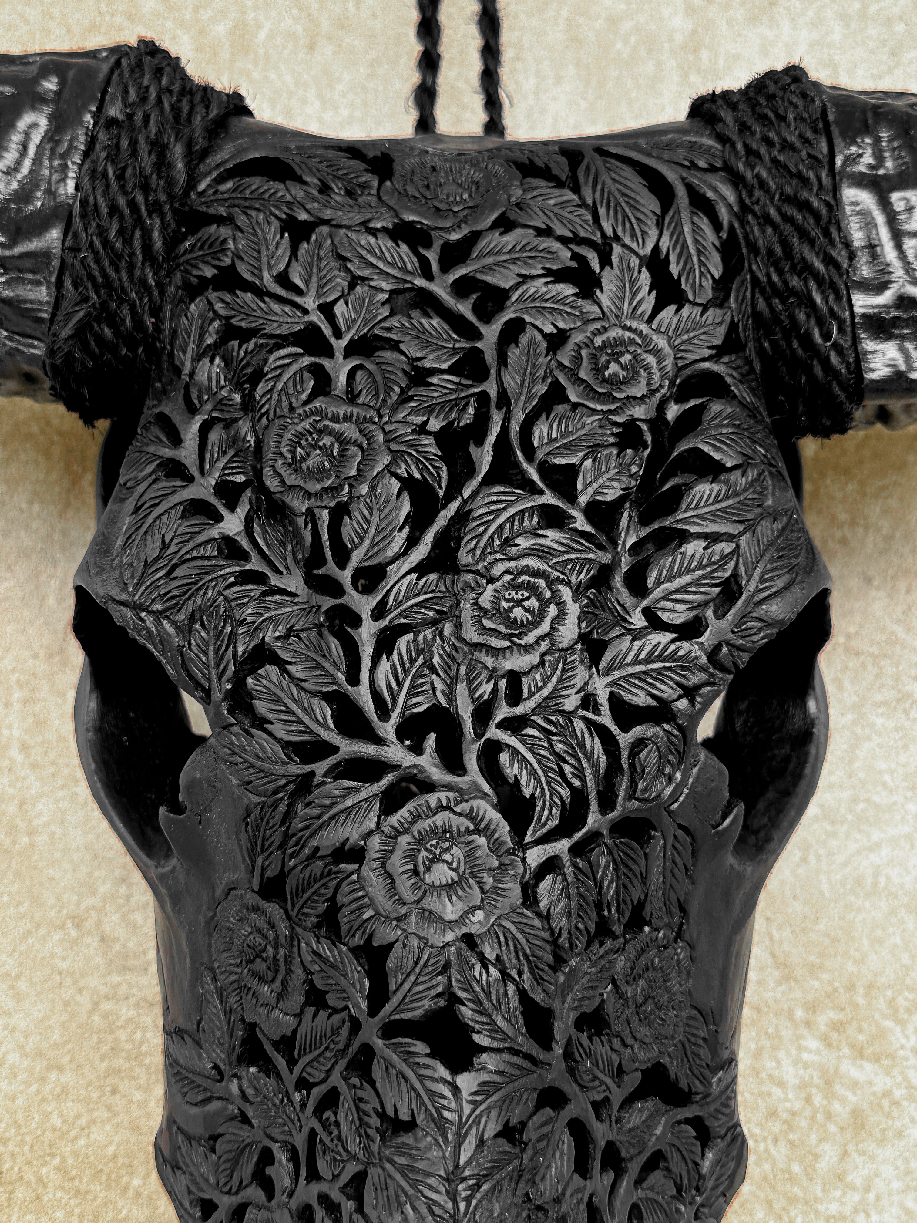Black Carved Buffalo Skull with Rose Motif — Handcrafted Wall Art - Skull,A/106