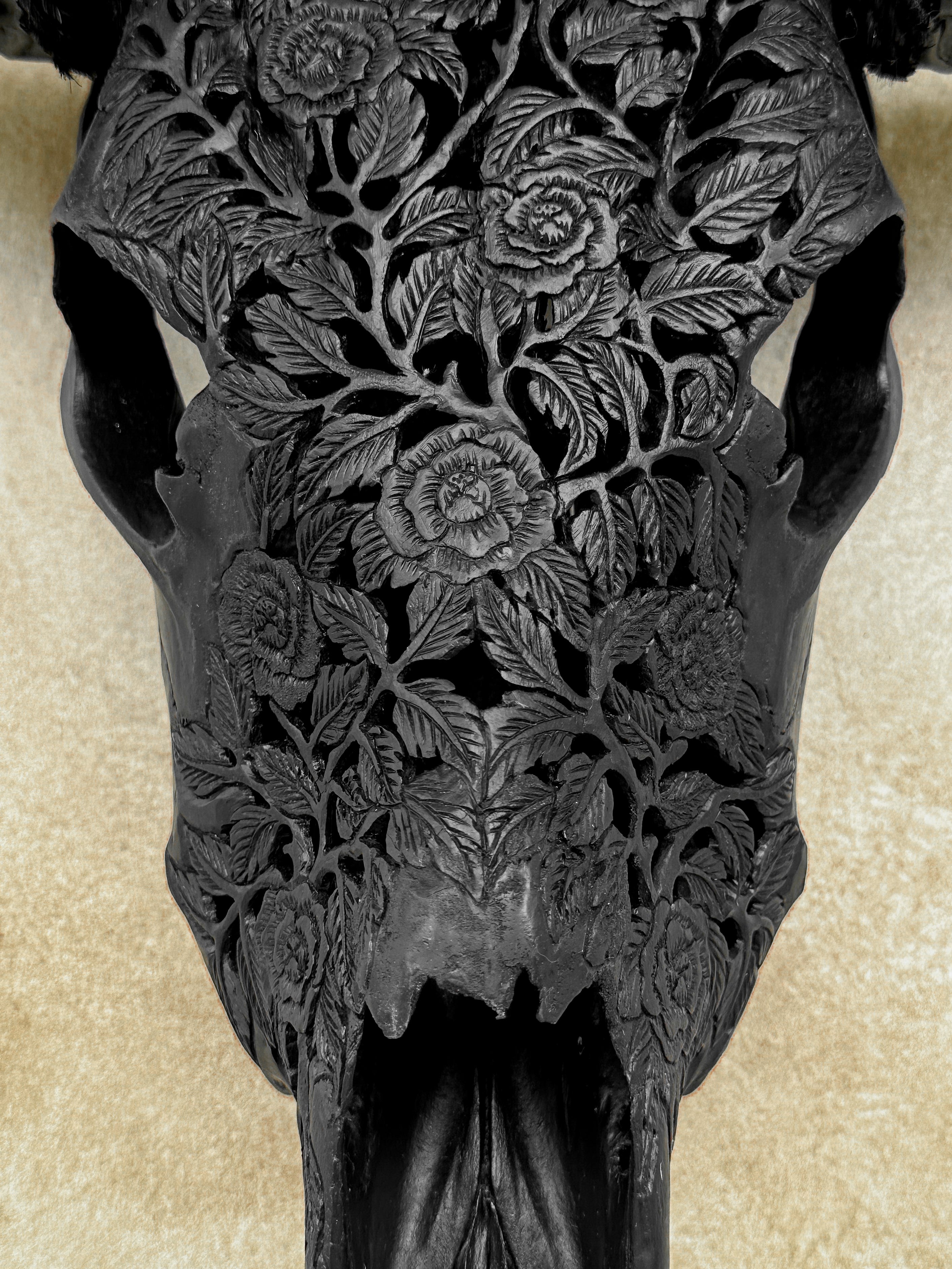 Black Carved Buffalo Skull with Rose Motif — Handcrafted Wall Art - Skull,A/106