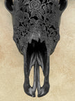 Black Carved Buffalo Skull with Rose Motif — Handcrafted Wall Art - Skull,A/106