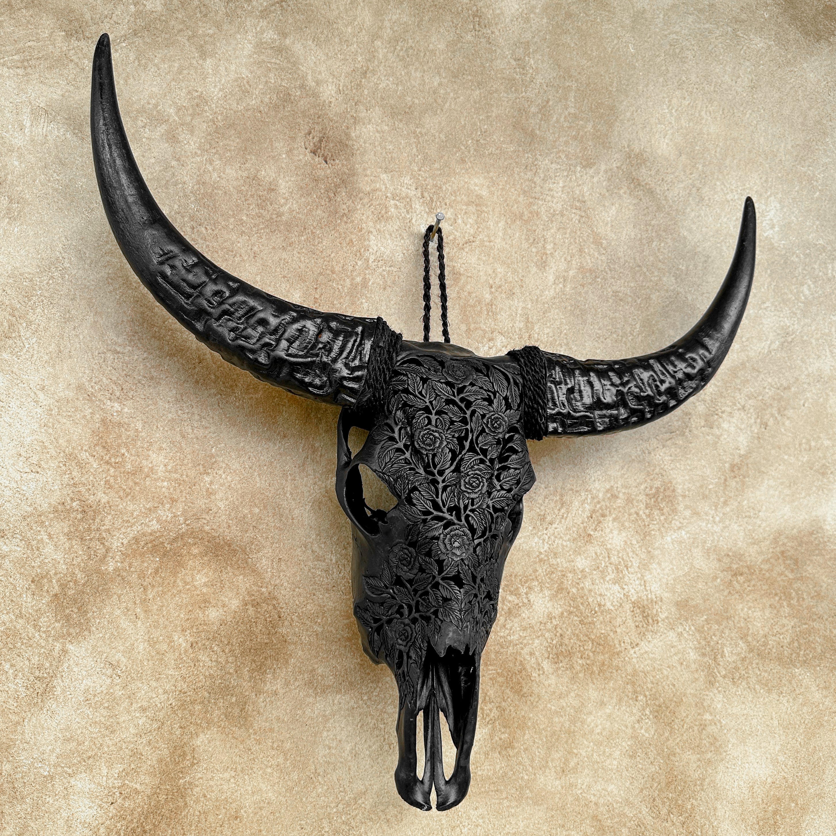 Black Carved Buffalo Skull with Rose Motif — Handcrafted Wall Art - Skull,A/106