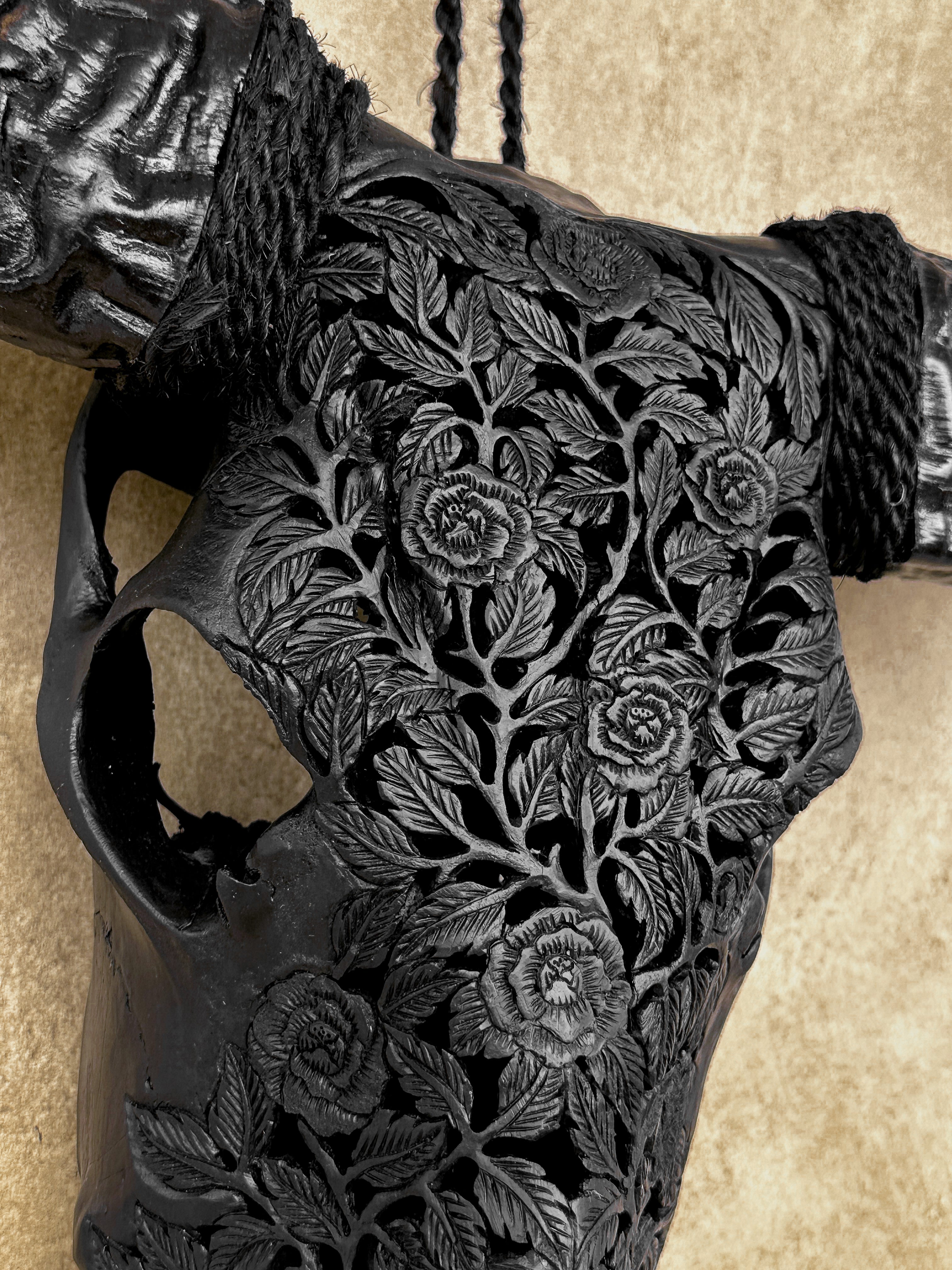 Black Carved Buffalo Skull with Rose Motif — Handcrafted Wall Art - Skull,A/106