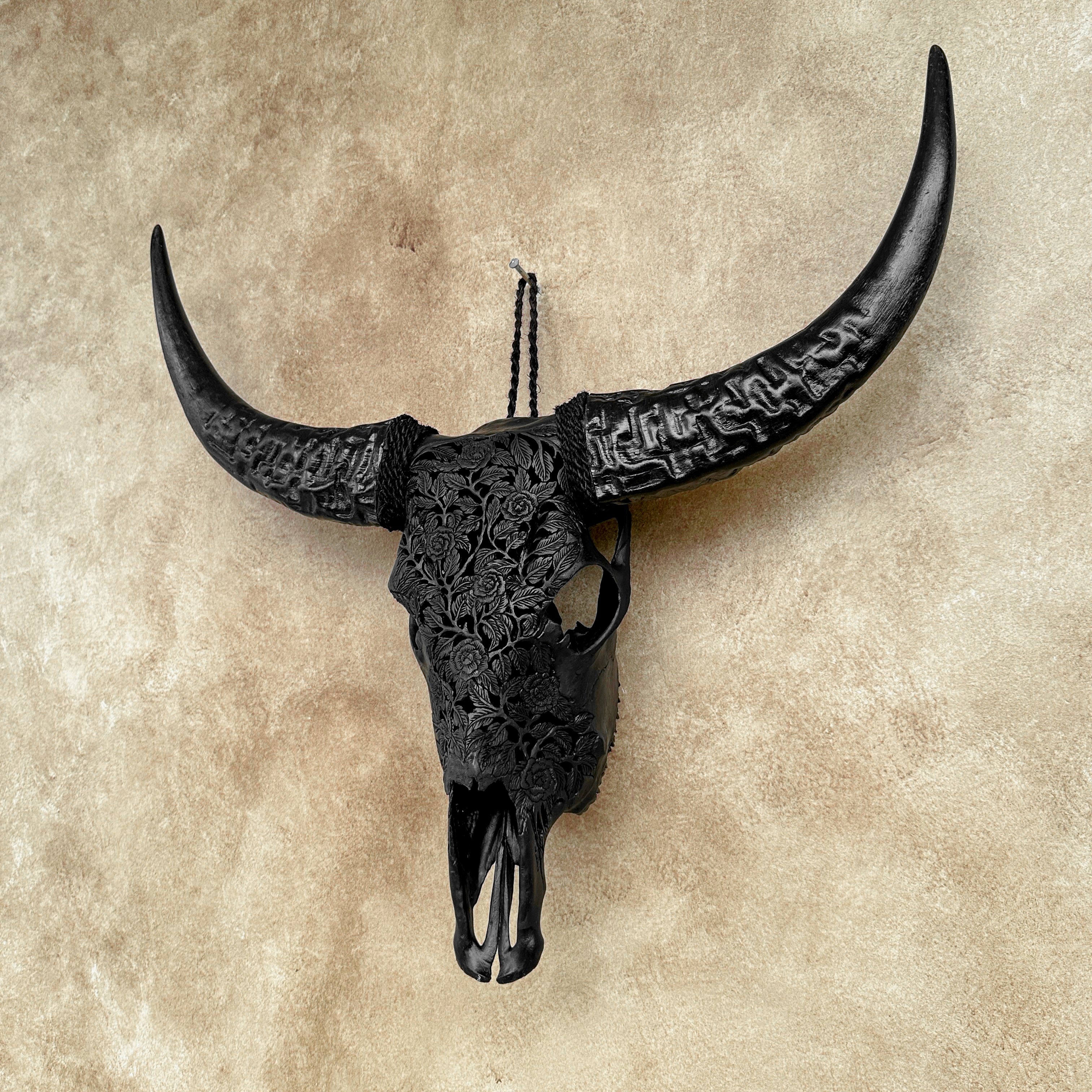 Black Carved Buffalo Skull with Rose Motif — Handcrafted Wall Art - Skull,A/106