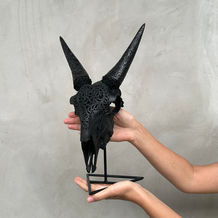 Black Carved Goat Skull & Horns on Stand - Traditional Balinese Engravings – Unique Gothic Boho Home Decor, Rustic Wall Mount