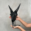 Black Carved Goat Skull & Horns on Stand - Traditional Balinese Engravings – Unique Gothic Boho Home Decor, Rustic Wall Mount - F4/101