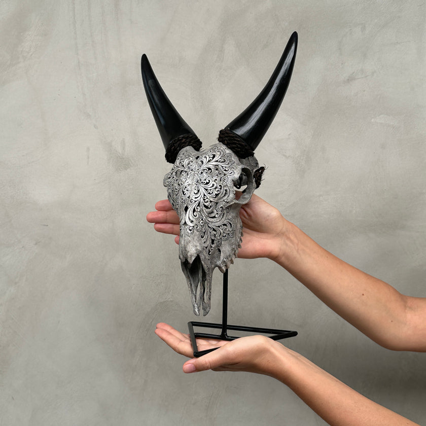 Grey Carved Goat Skull on Stand - Small Lotus Engraving – Unique Gothic Boho Home Decor, Rustic Wall Mount
