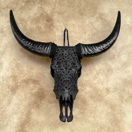 Black Carved Buffalo Skull with Tradball Motif — Handcrafted Statement Piece - Skull,A/105