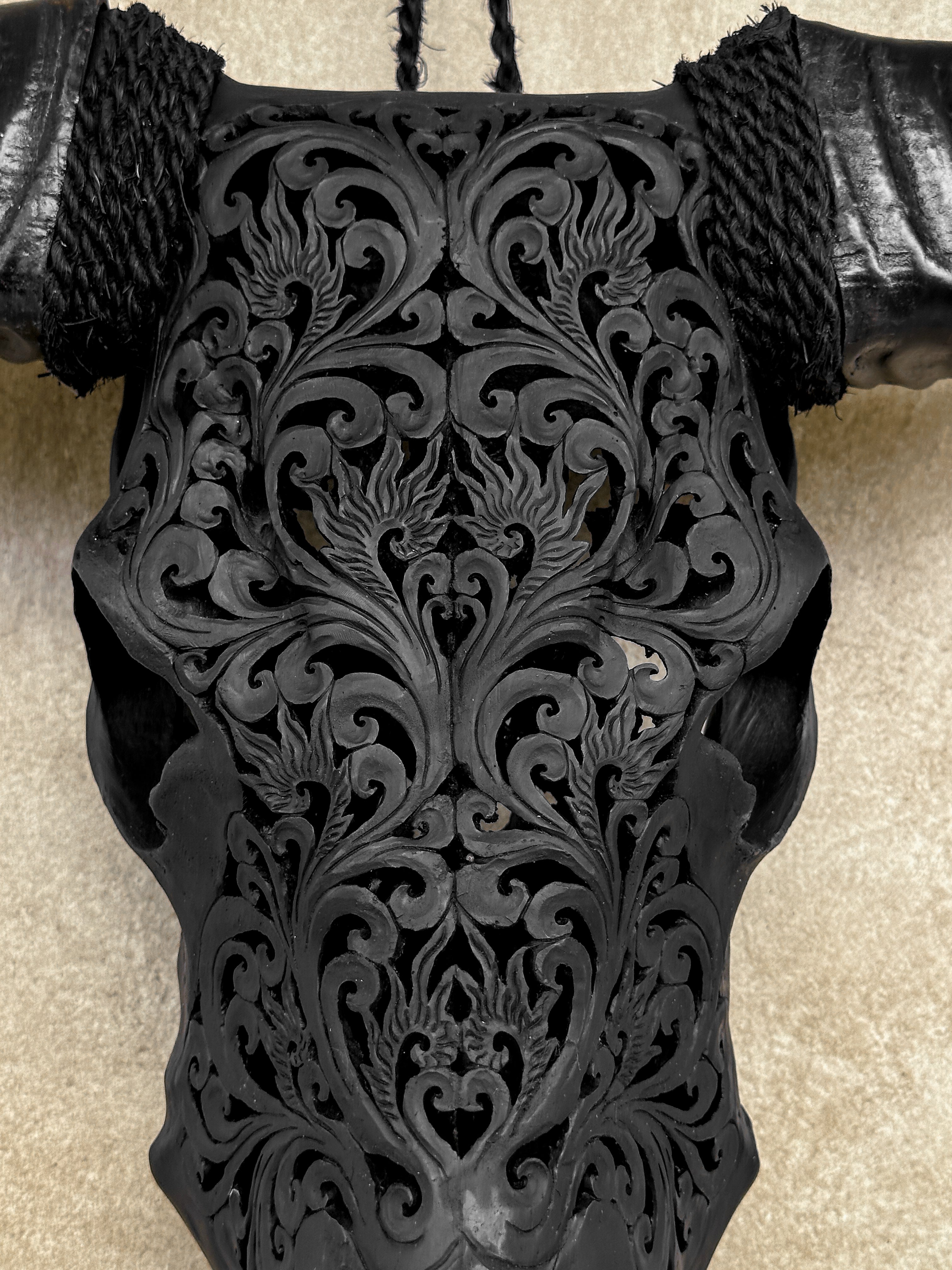 Black Carved Buffalo Skull with Tradball Motif — Handcrafted Statement Piece - Skull,A/105