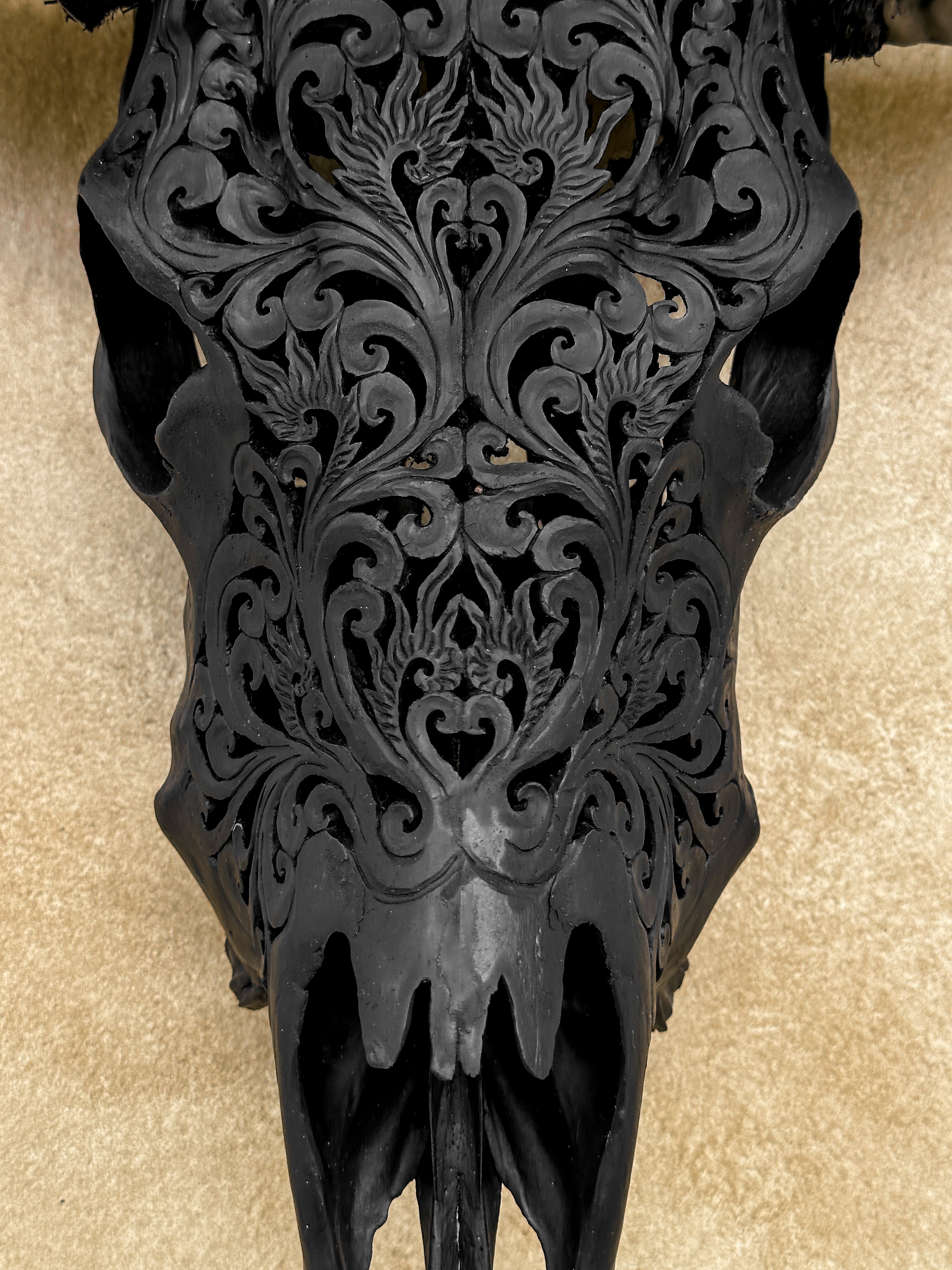 Black Carved Buffalo Skull with Tradball Motif — Handcrafted Statement Piece - Skull,A/105