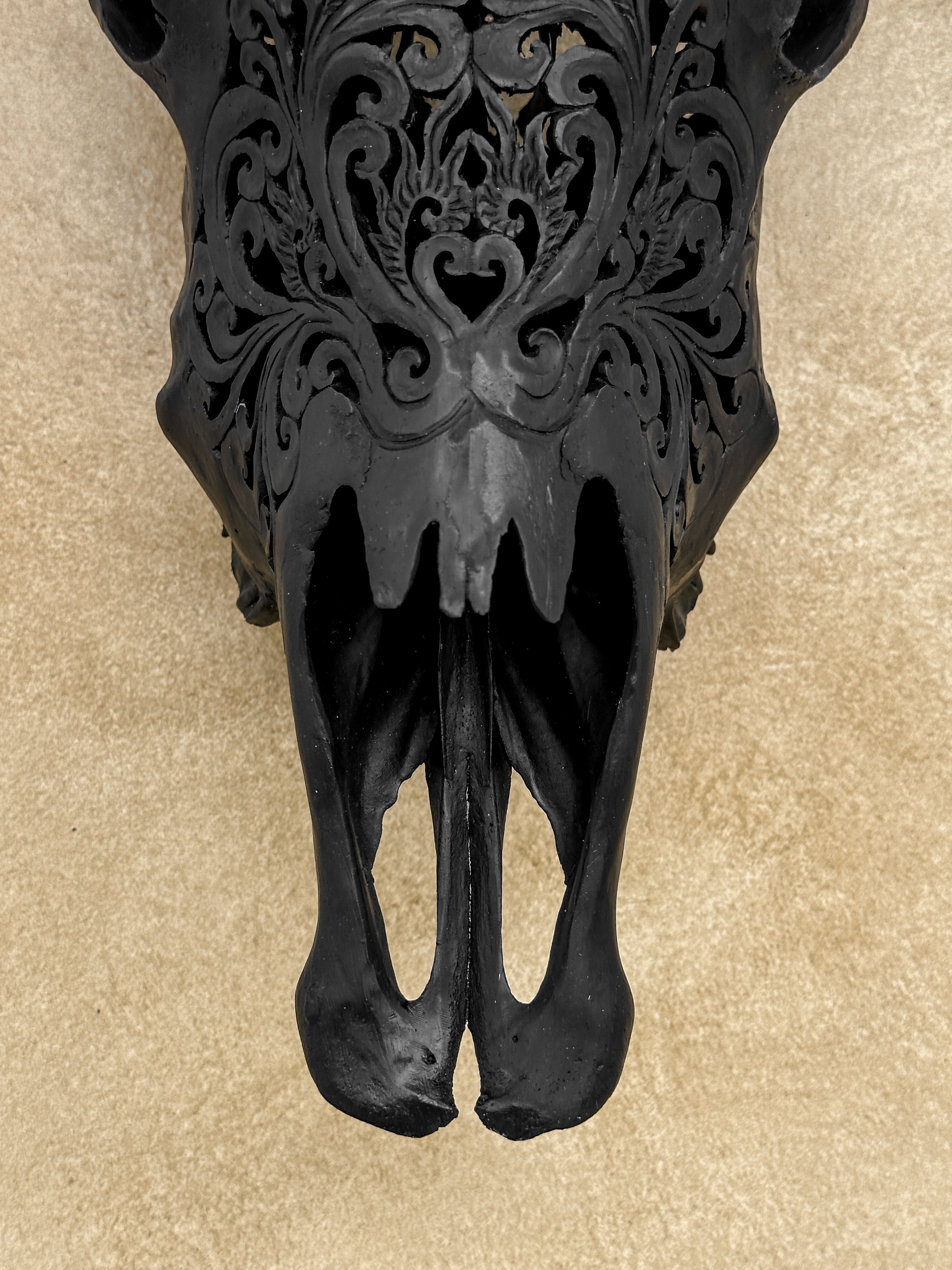 Black Carved Buffalo Skull with Tradball Motif — Handcrafted Statement Piece - Skull,A/105