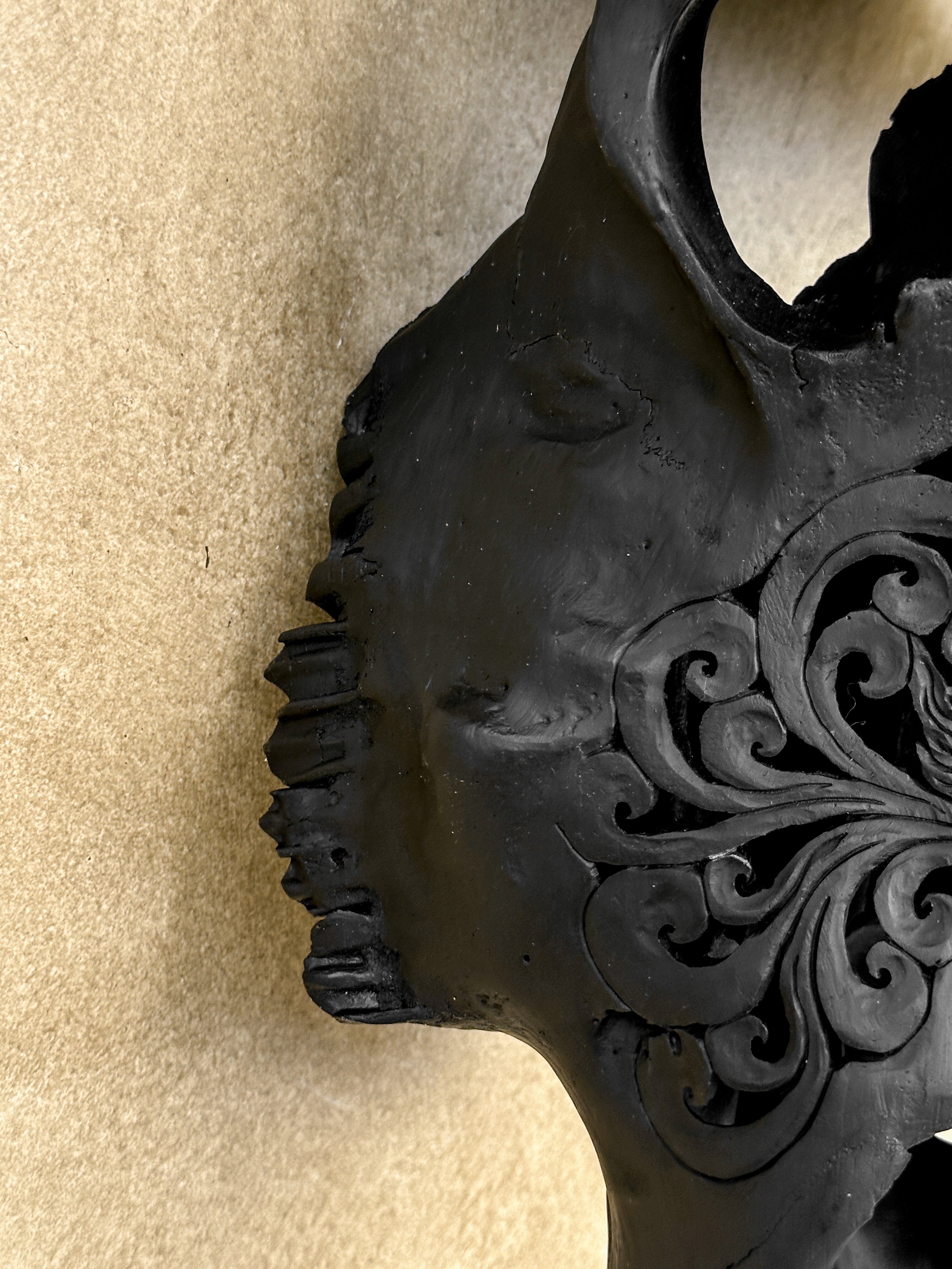 Black Carved Buffalo Skull with Tradball Motif — Handcrafted Statement Piece - Skull,A/105