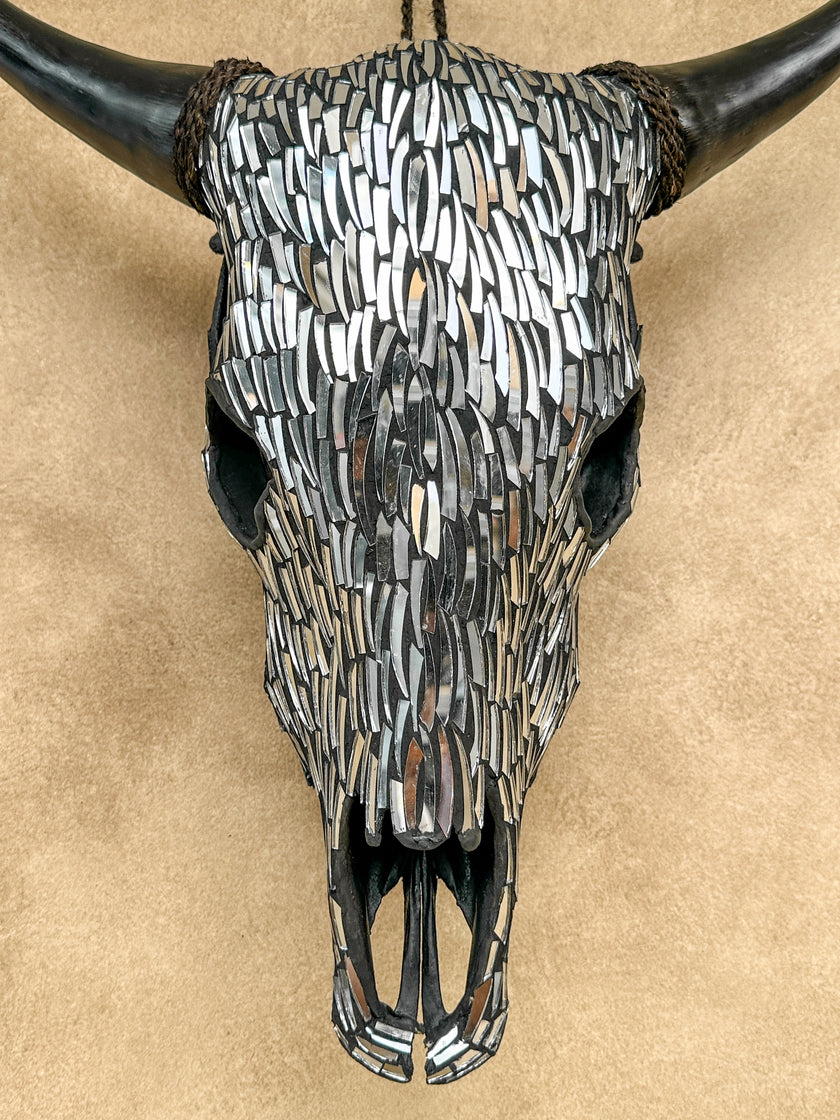 Silver Mosaic Cow Skull | Taxidermy Wall Art for Modern Boho or Western Decor