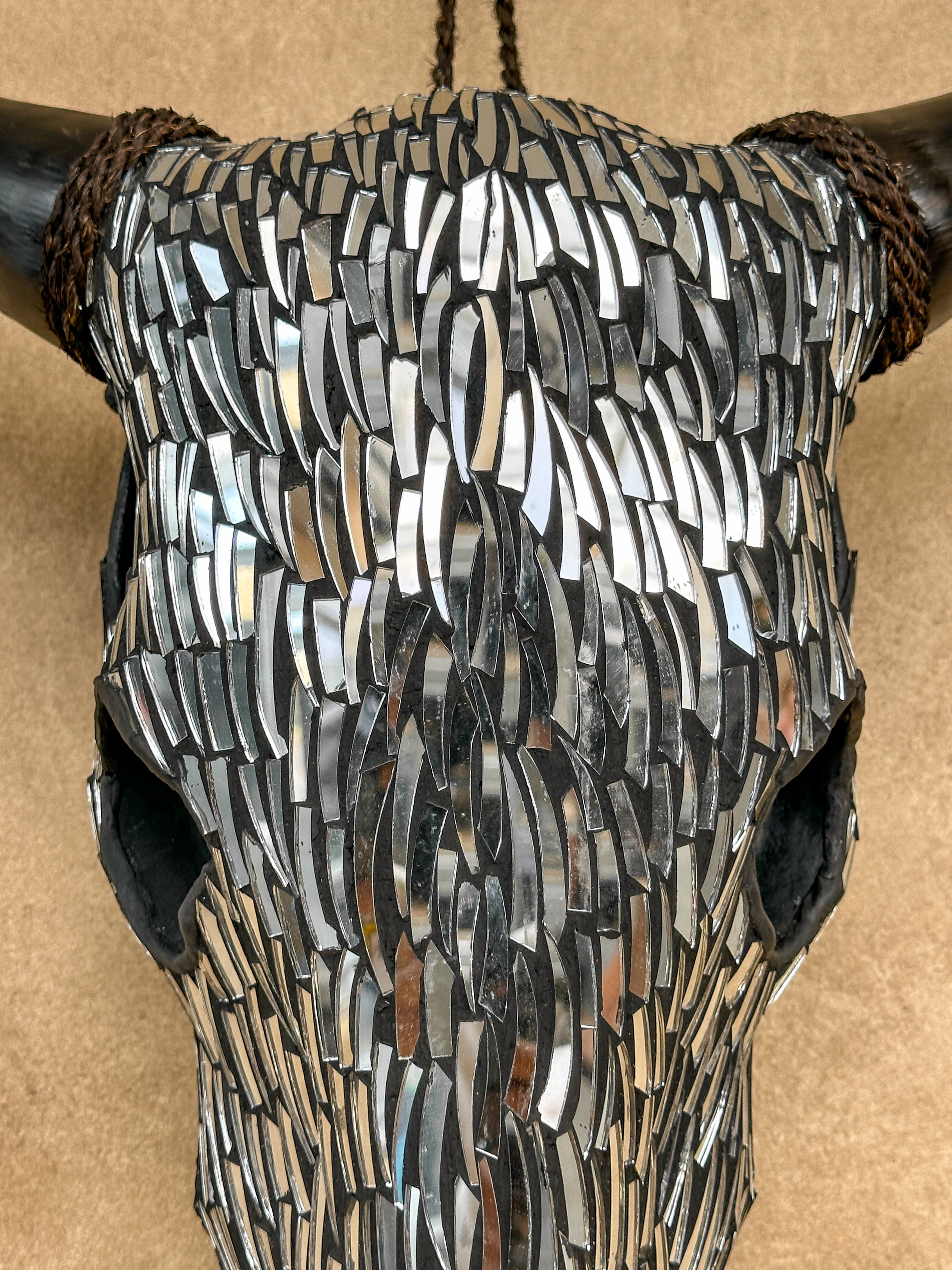 Silver Mosaic Cow Skull – Handcrafted Wall Decor for Boho, Nature-Inspired, or Eclectic Interiors - Skull,A/122