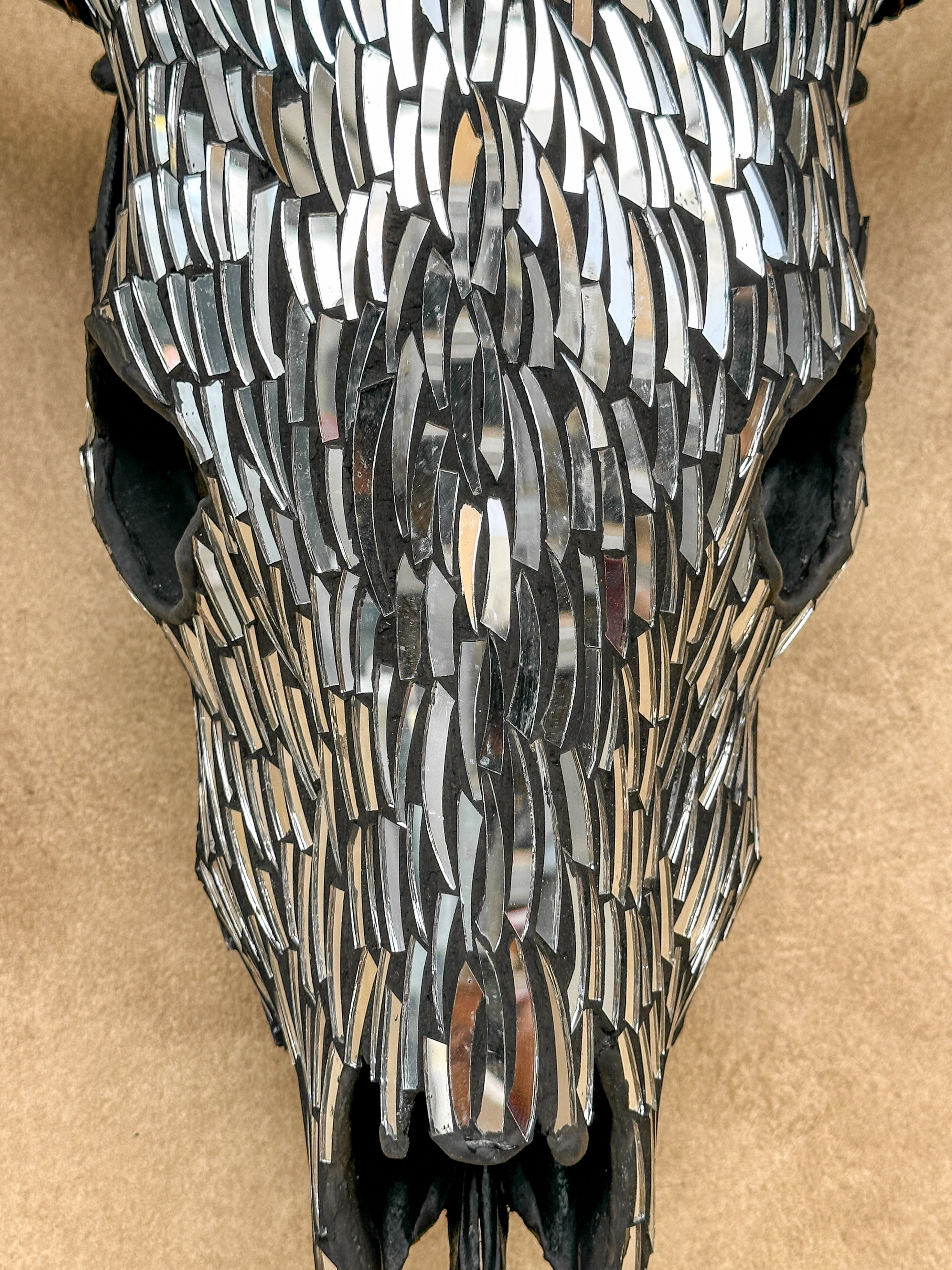 Silver Mosaic Cow Skull – Handcrafted Wall Decor for Boho, Nature-Inspired, or Eclectic Interiors - Skull,A/122
