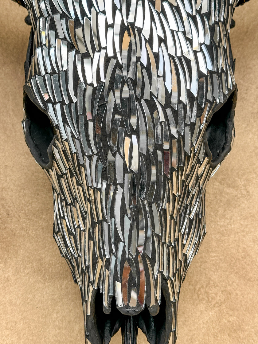 Silver Mosaic Cow Skull | Taxidermy Wall Art for Modern Boho or Western Decor