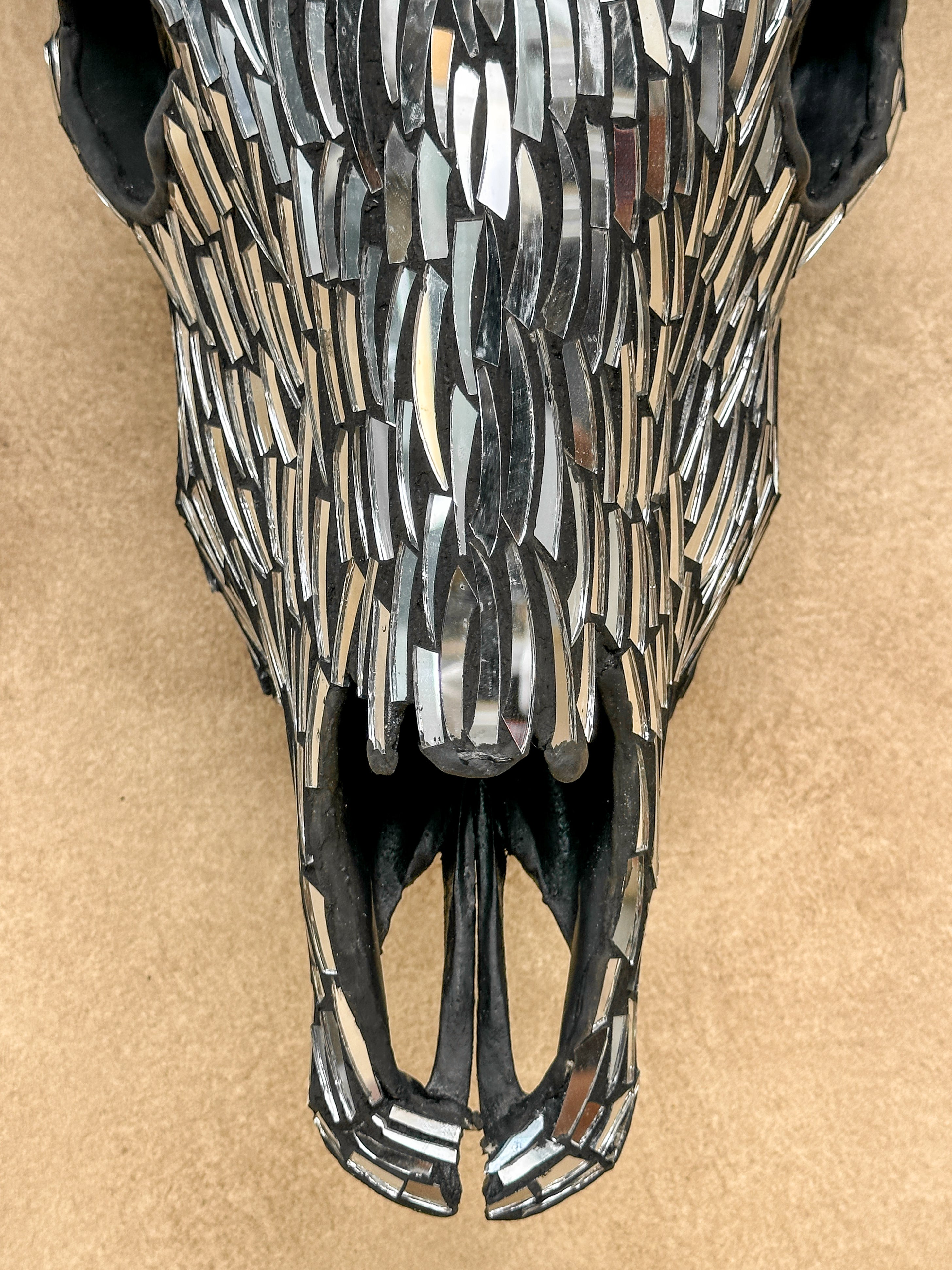 Silver Mosaic Cow Skull – Handcrafted Wall Decor for Boho, Nature-Inspired, or Eclectic Interiors - Skull,A/122