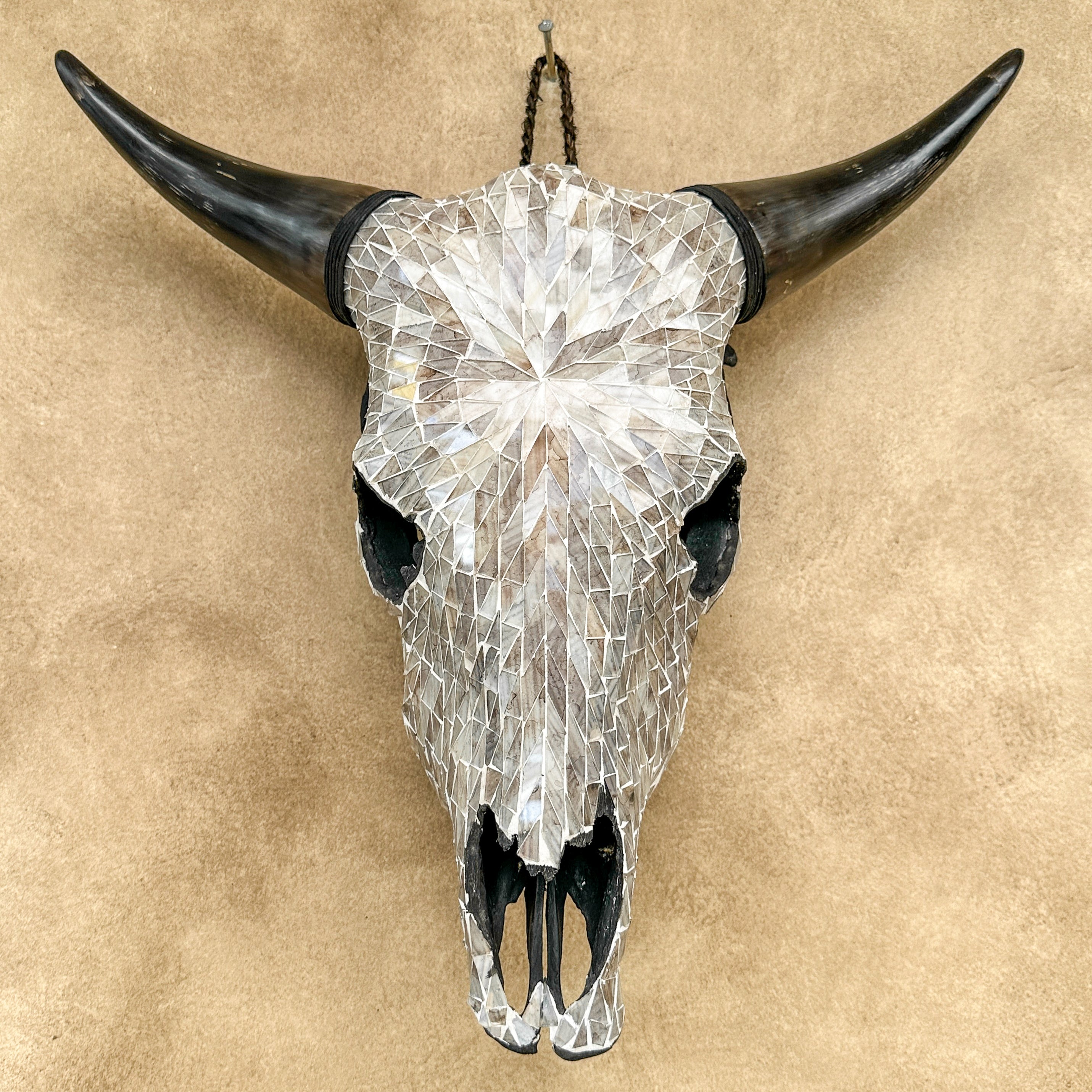 White Mosaic Cow Skull Wall Decor – Handmade Decorative Skull with Horns for Neutral, Boho, or Western Style Interiors - Skull,A/126