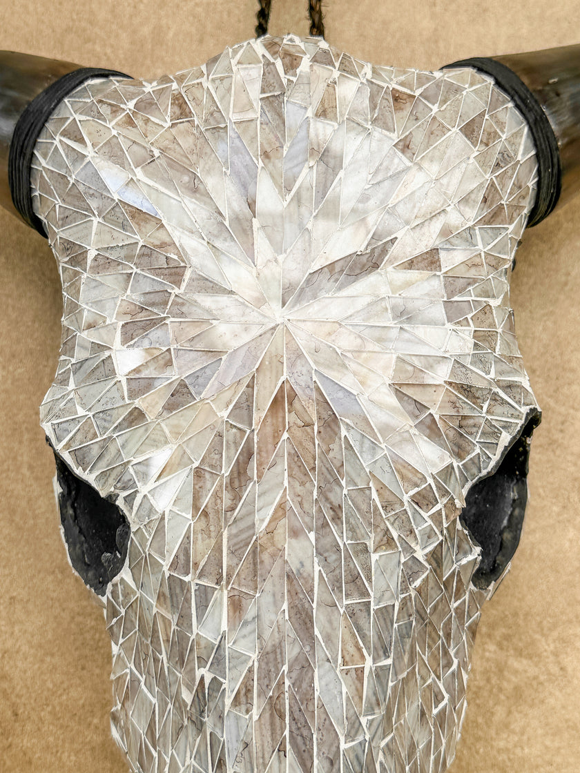 Warm White Mosaic Cow Skull | Taxidermy Wall Art for Modern Boho or Western Decor
