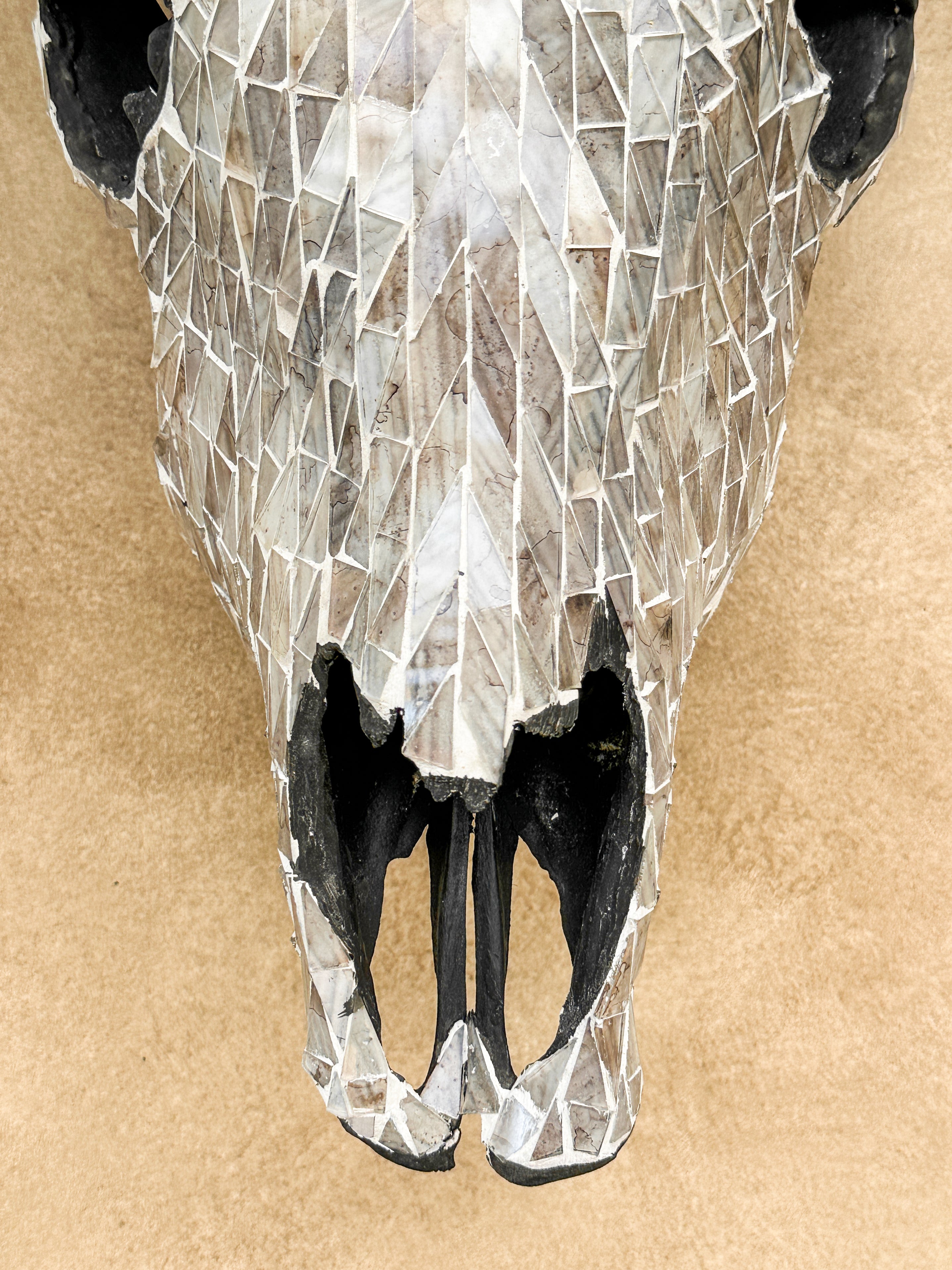 White Mosaic Cow Skull Wall Decor – Handmade Decorative Skull with Horns for Neutral, Boho, or Western Style Interiors - Skull,A/126