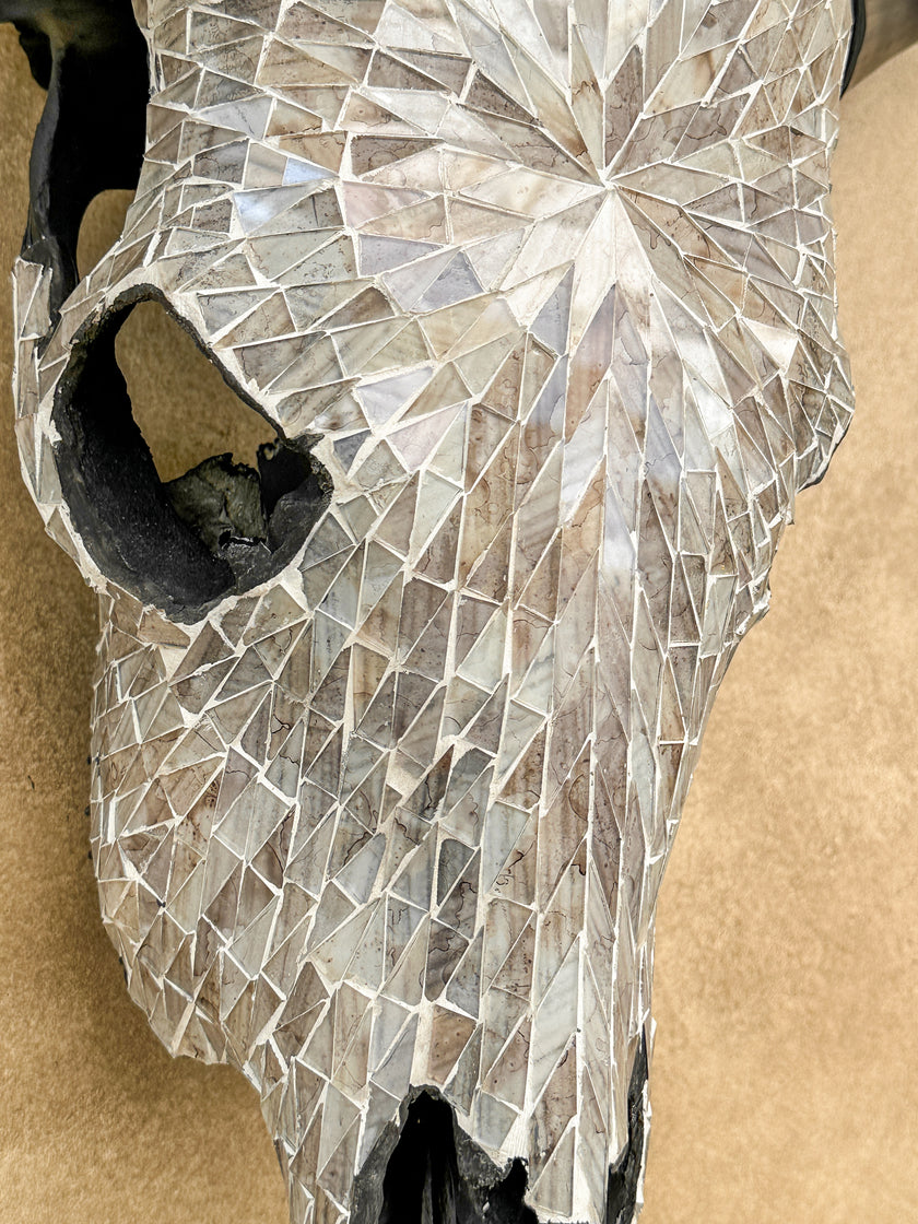 Warm White Mosaic Cow Skull | Taxidermy Wall Art for Modern Boho or Western Decor