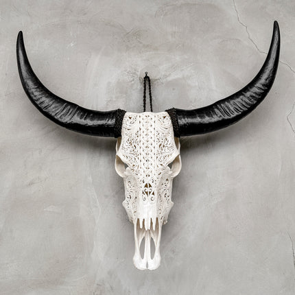 White Carved Buffalo Skull with Infinity Motif — Handcrafted Wall Decor - Skull,A/103