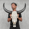 Carved Water Buffalo Skull with Leaf Scroll Design – White Bone Wall Art – Botanical Tribal Skull with Black Horns - Skull,A/057