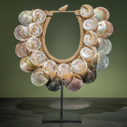 Decorative Shell Necklace on Stand – Coastal Tribal-Inspired Display Piece for Boho, Natural, or Ethnic-Inspired Home Styling - SN 5 - SN A/01