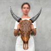 Fully Carved Cow Skull with Ketupat Design – Balinese Tribal Wall Art – Etched Horn Bone Sculpture in Natural Finish - Skull,A/083