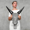 Hand-Carved Cow Skull with Badong Pattern – Tribal Gothic Wall Art – Ethnic Bone Skull Decor with Black Horns - Skull,A/076