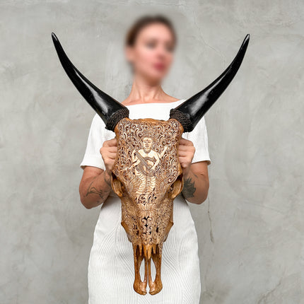 Hand-Carved Cow Skull with Dewi Saraswati – Sacred Balinese Art – Wall Hanging Carved Skull Decor -  Skull,A/067