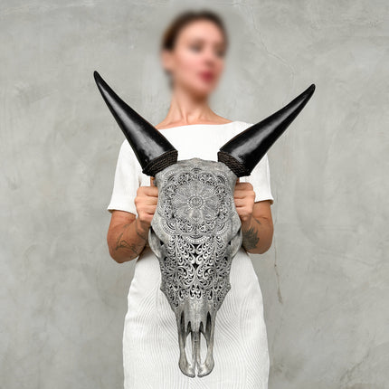 Hand-Carved Cow Skull with Mandala Flower – Boho Wall Art – Intricate Carved Skull Decor with Black Horns - Skull,A/068